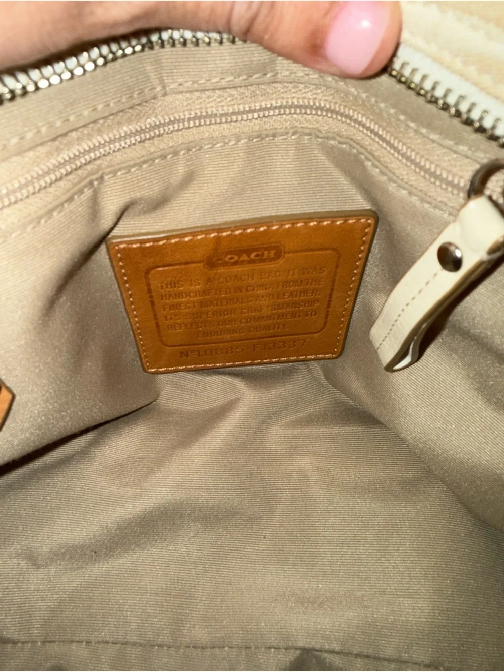 Coach Beige Tan White Satchel Top Handle Bag with Logo Print & Metal Accents Y2K